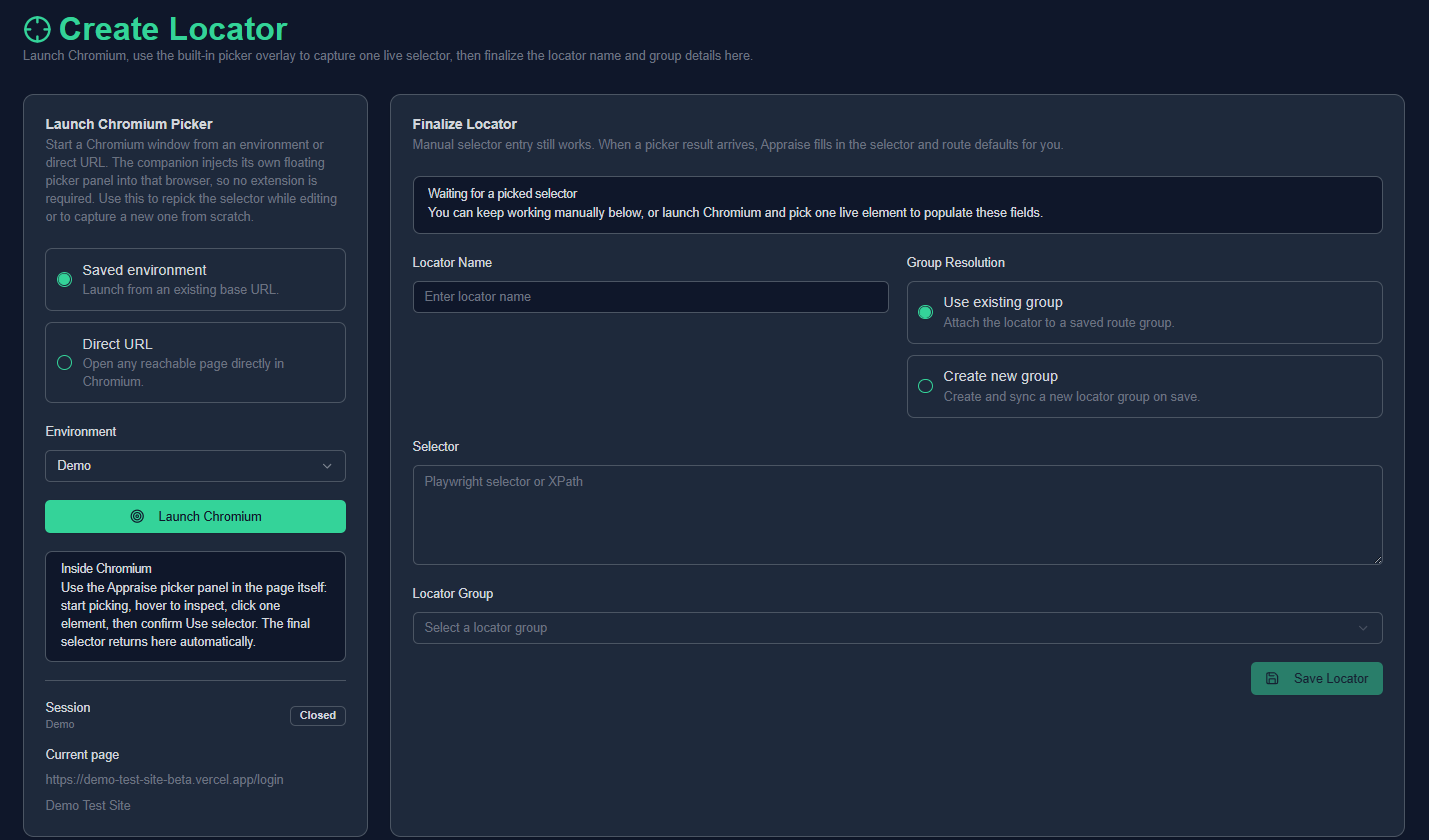 Create Locator page with the Launch Chromium Picker and Finalize Locator sections.