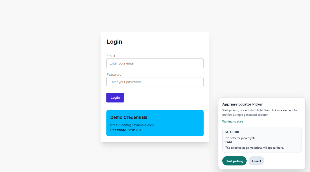 Appraise Locator Picker overlay inside Chromium showing the start-picking state and selector preview panel.