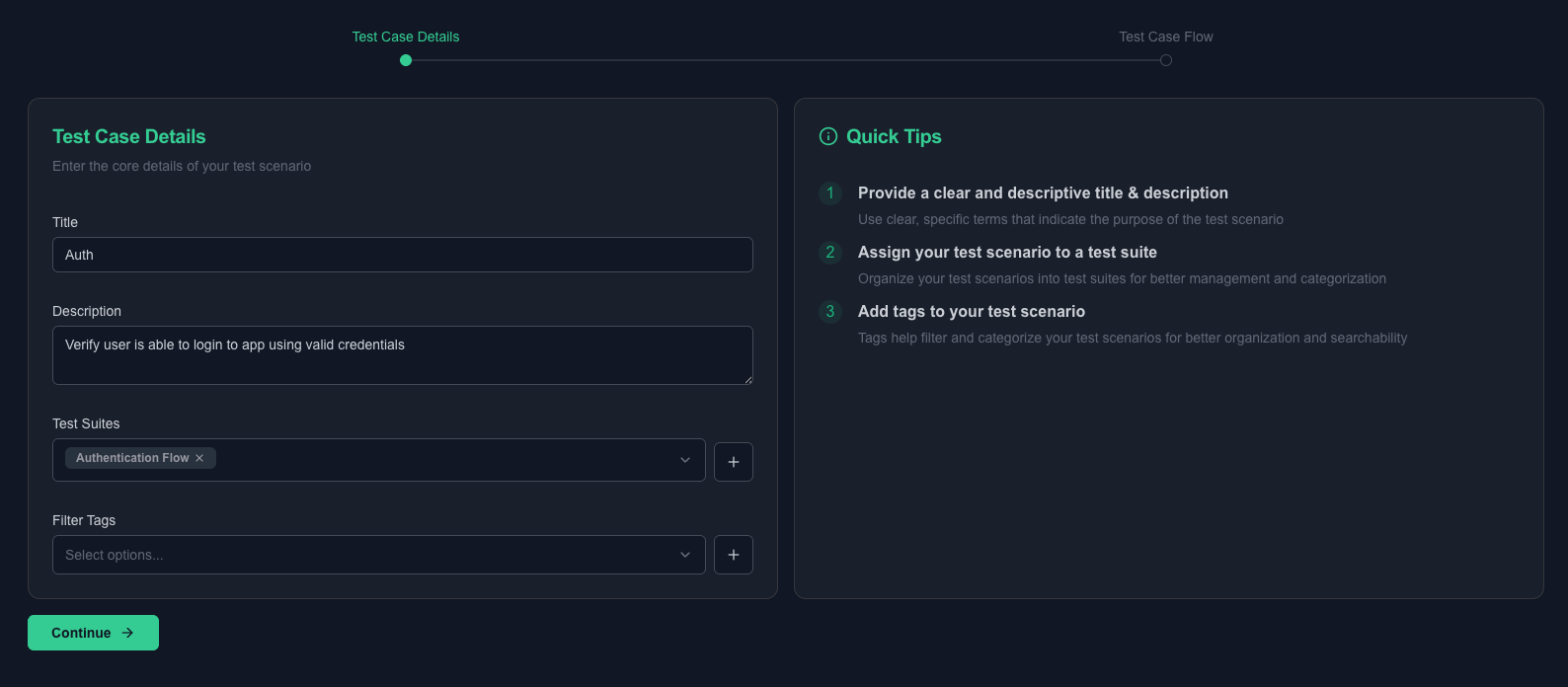 Saved test case editor state with the completed flow