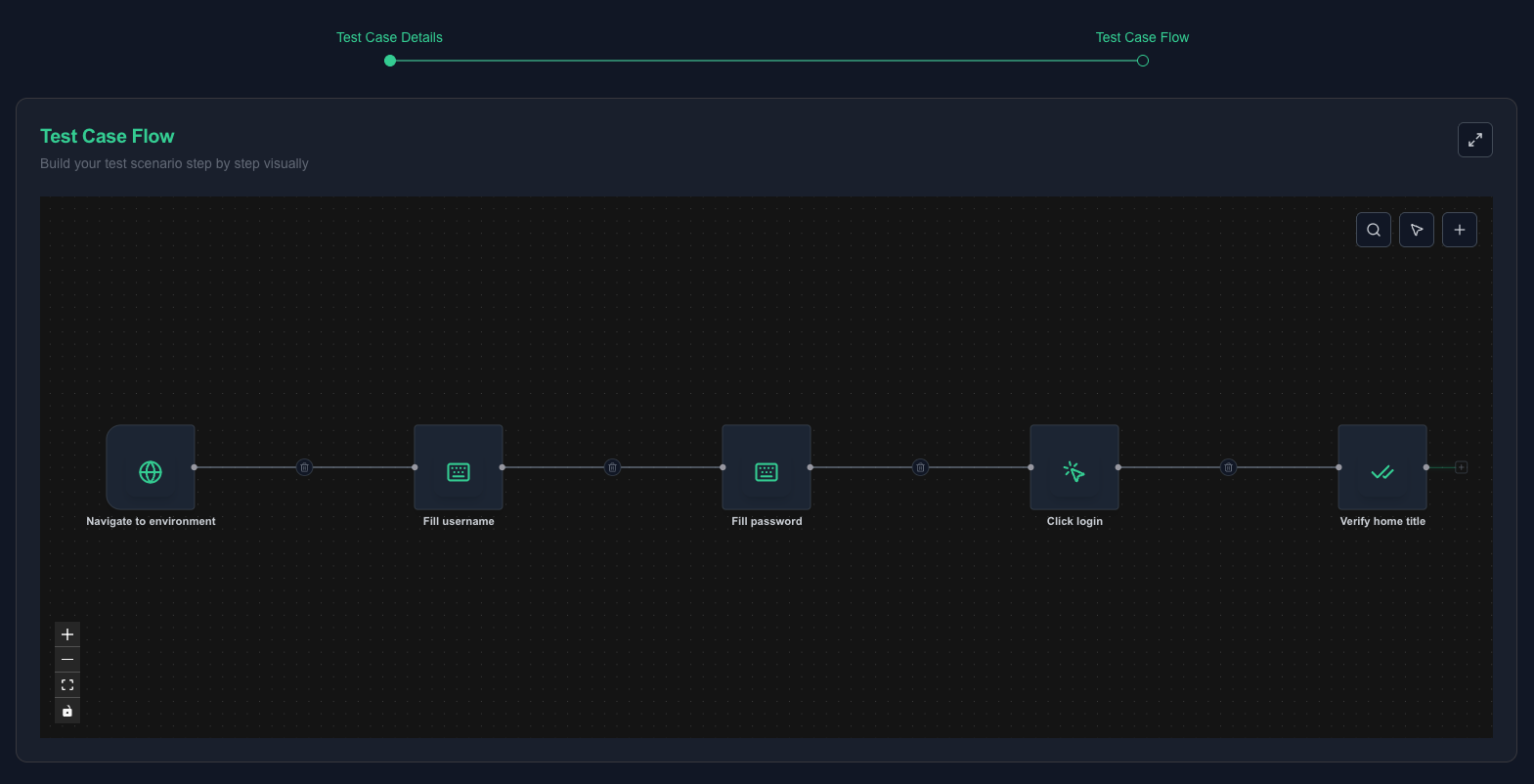 Saved test case editor state with configured step details