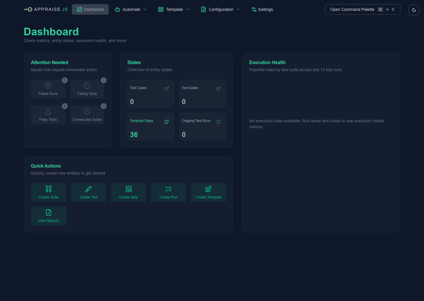 First successful loaded AppraiseJS state in dark mode after startup on a clean
scaffold.