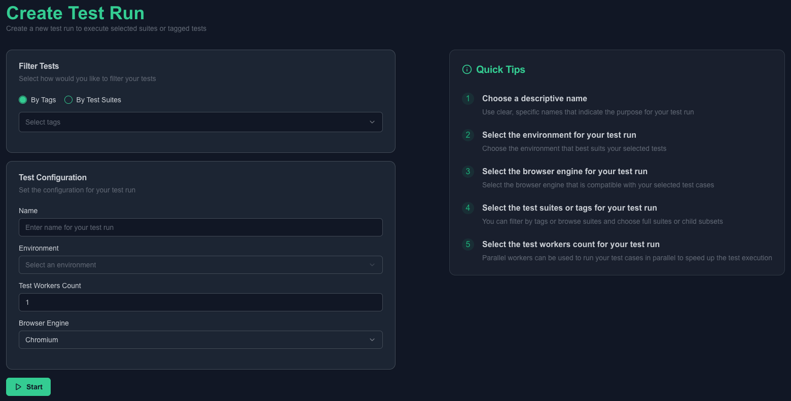 Test runs creation screen